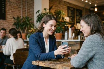 Deux femmes dans un café urbain partageant une recommandation via smartphone, illustrant le parrainage comme canal d'acquisition client