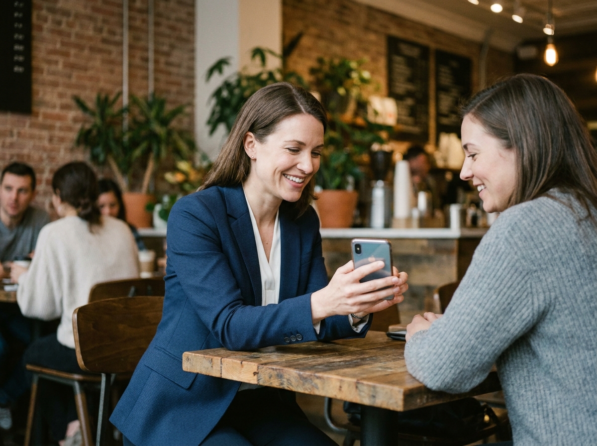 Deux femmes dans un café urbain partageant une recommandation via smartphone, illustrant le parrainage comme canal d'acquisition client