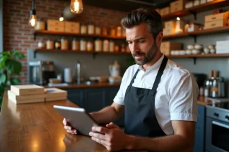 Propriétaire de pizzeria vérifiant ses commandes en ligne