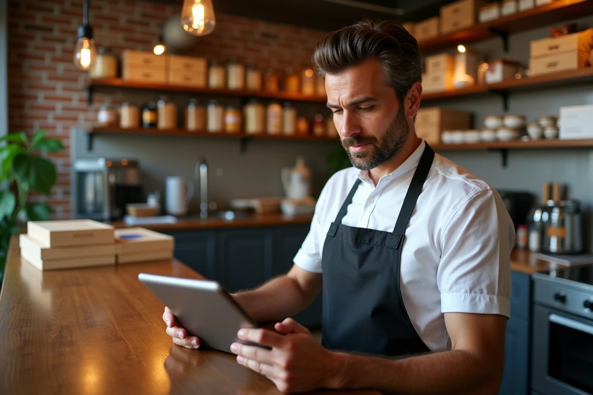 Propriétaire de pizzeria vérifiant ses commandes en ligne