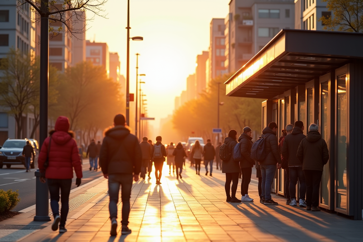 Place urbaine au lever du soleil avec passagers à l
