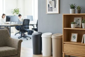 Coin bureau moderne avec des poubelles de tri design en gris et beige intégrées dans une décoration scandinave épurée