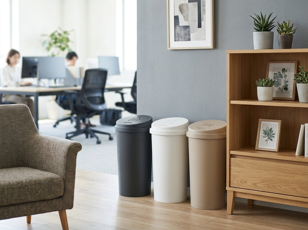 Coin bureau moderne avec des poubelles de tri design en gris et beige intégrées dans une décoration scandinave épurée