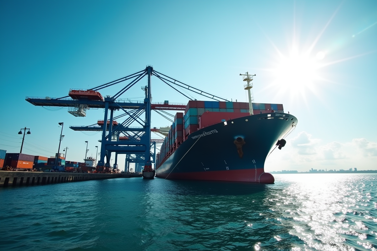 Cargo port avec navire et conteneurs en chargement sous un ciel bleu