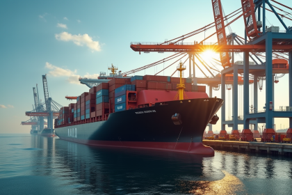Un port moderne avec un cargo en déchargement et conteneurs multilingues