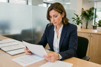 Femme indépendante en portage salarial examinant des documents de crédit immobilier dans une agence bancaire
