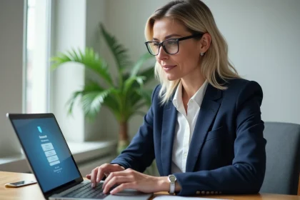 Femme professionnelle configurant son espace en ligne TERCIEL sur un ordinateur portable dans un bureau moderne