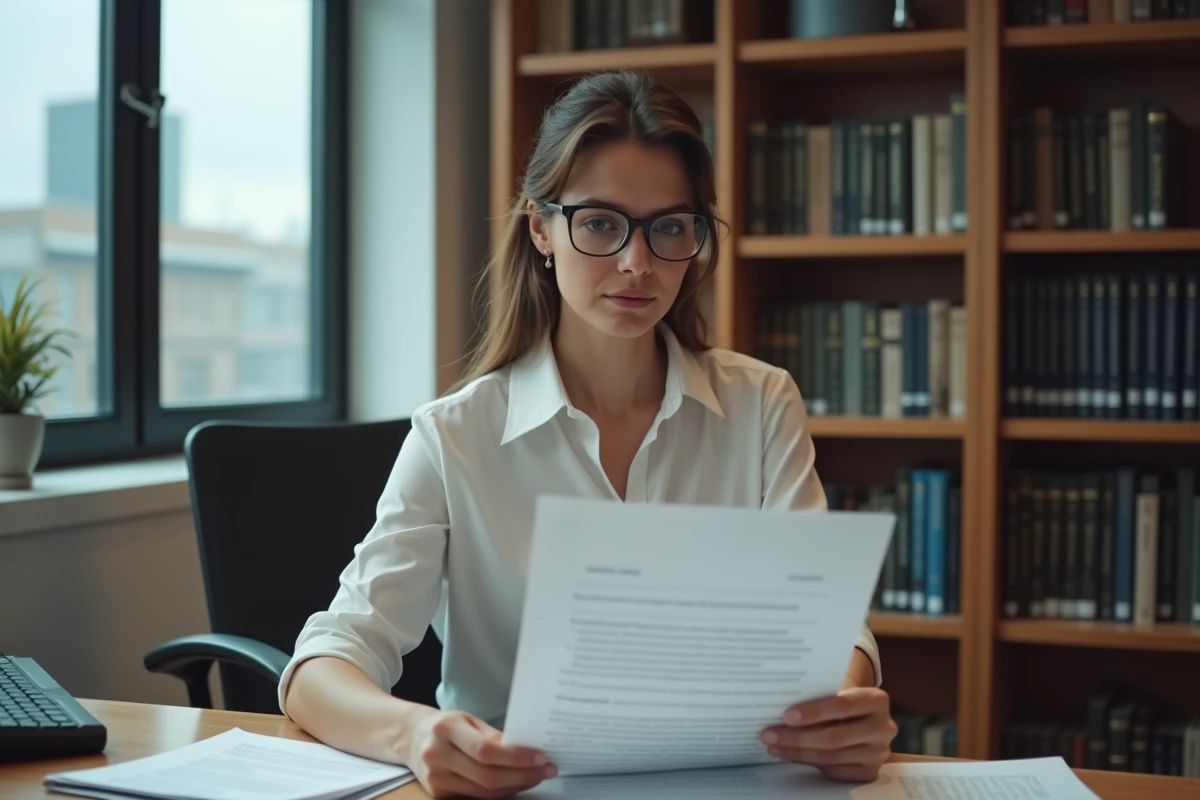 Femme salariée préparant sa défense pour un entretien préalable au licenciement avec des documents juridiques sur son bureau