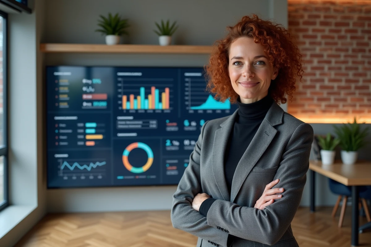Femme présentant un tableau de bord connecté d'indicateurs de performance dans un espace de travail tech moderne