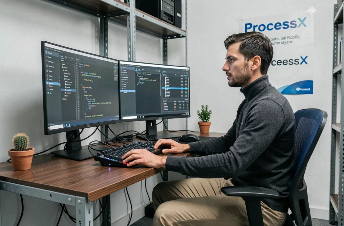 Ingénieur SEO de ProcessX travaillant sur des workflows d'automatisation et des tableaux de bord d'analyse dans un espace de travail technologique