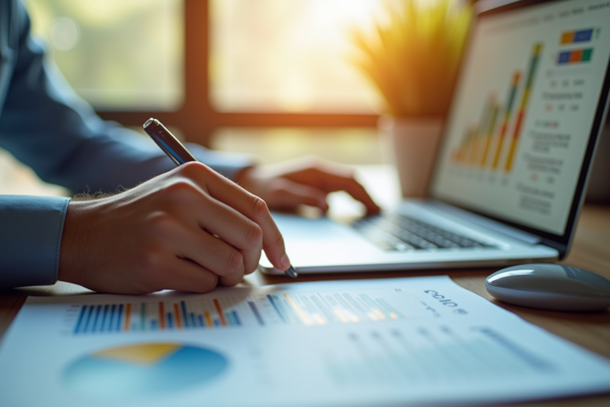 Professionnel financier analysant des graphiques et documents