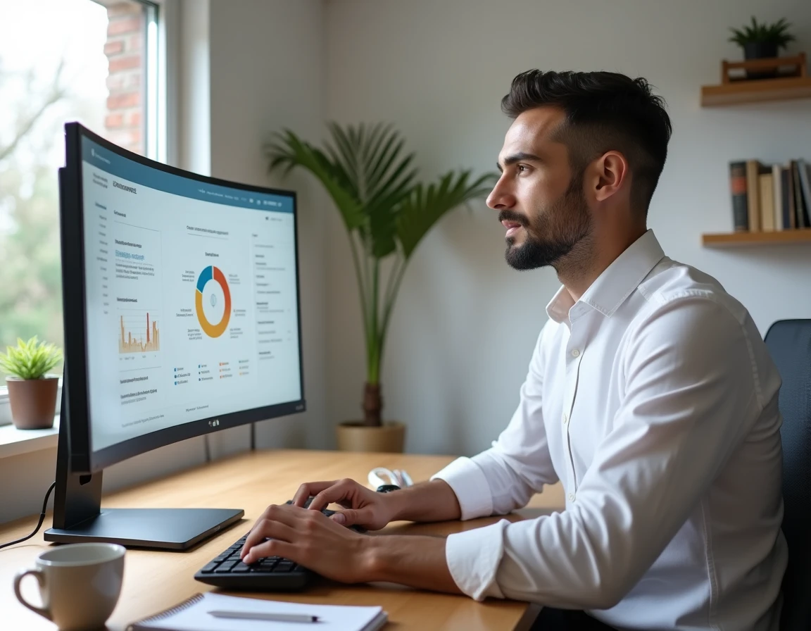 Professionnel du marketing analysant des indicateurs d'impact consommateur depuis son bureau à domicile