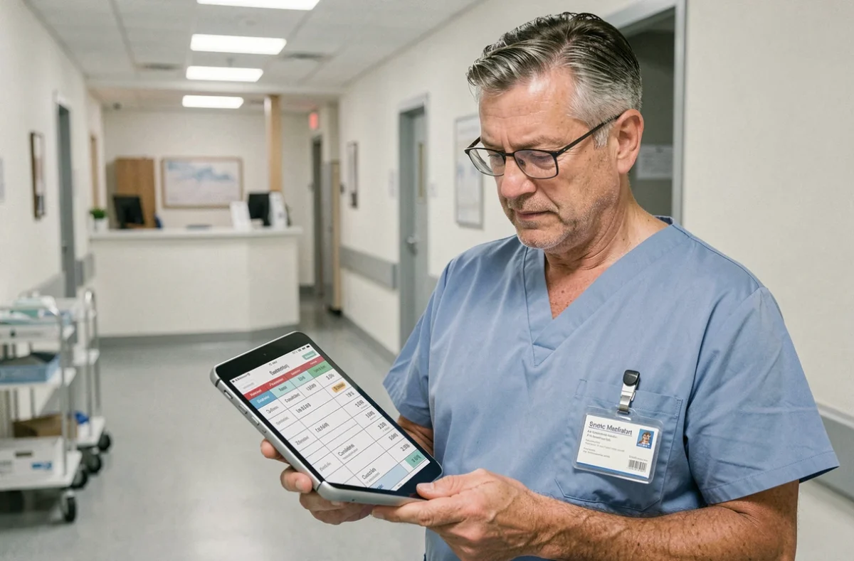 Professionnel de santé en blouse consultant une grille salariale sur tablette dans un couloir d'hôpital