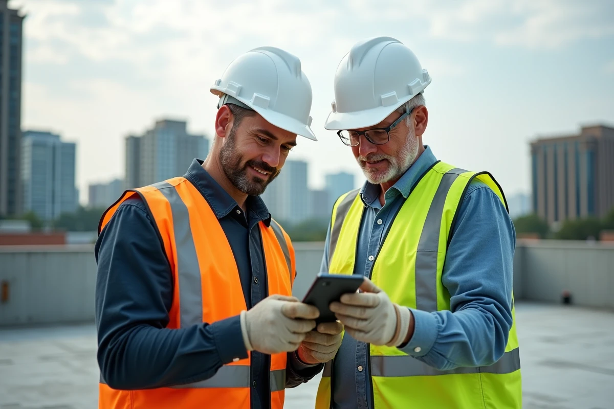 Deux professionnels du BTP consultant une application mobile de suivi de chantier sur smartphone en hauteur sur un bâtiment en construction