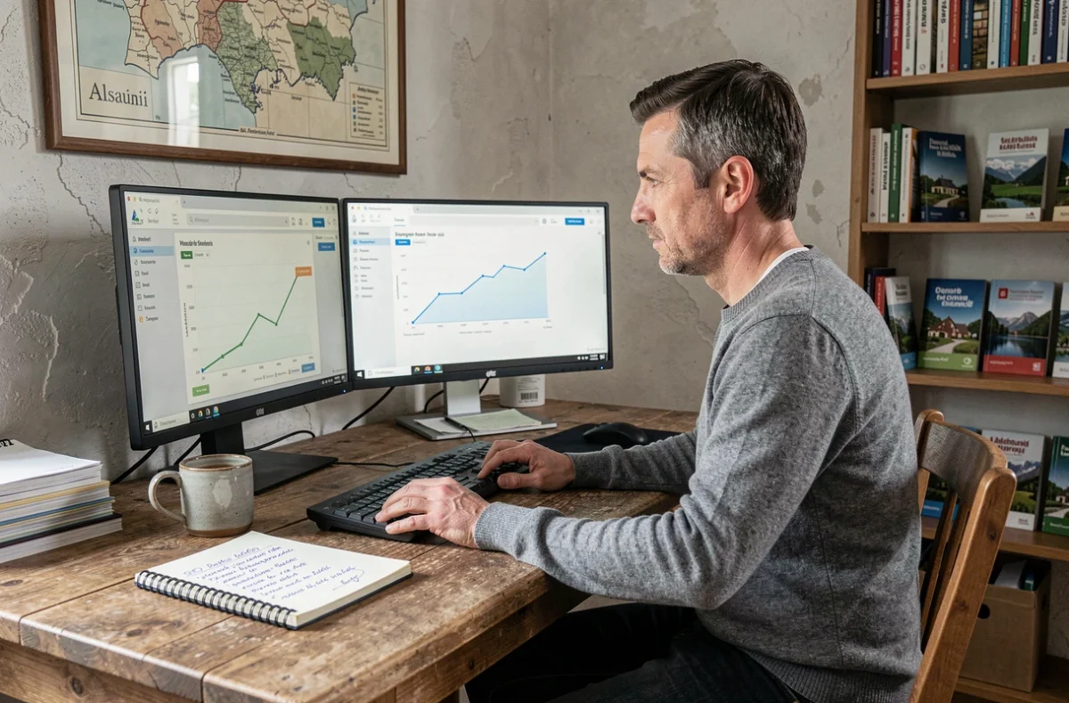 Propriétaire de chambre d'hôtes alsacienne analysant les statistiques SEO et le calendrier de réservations sur un ordinateur dans son bureau