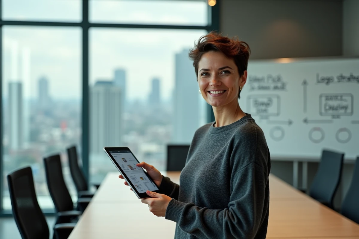 Professionnelle tenant une tablette avec des maquettes de rebranding dans une salle de réunion moderne avec vue sur la ville, illustrant un changement de nom de studio
