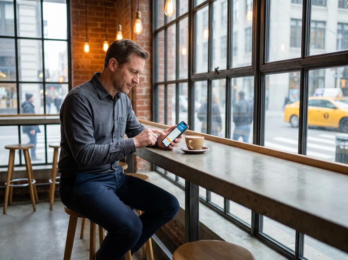 Professionnel consultant une application de recrutement sur smartphone dans un café urbain moderne
