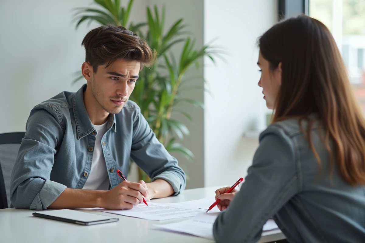 Recruteur pointant une erreur dans la lettre de motivation d'un jeune candidat à un emploi d'été lors d'un entretien en bureau