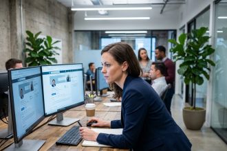 Recruteuse professionnelle analysant des profils LinkedIn sur deux écrans dans un bureau moderne en open space