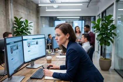 Recruteuse professionnelle analysant des profils LinkedIn sur deux écrans dans un bureau moderne en open space