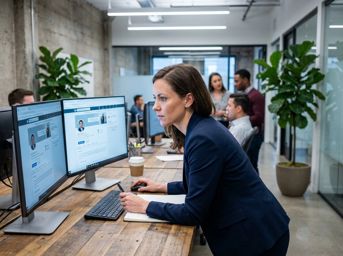 Recruteuse professionnelle analysant des profils LinkedIn sur deux écrans dans un bureau moderne en open space