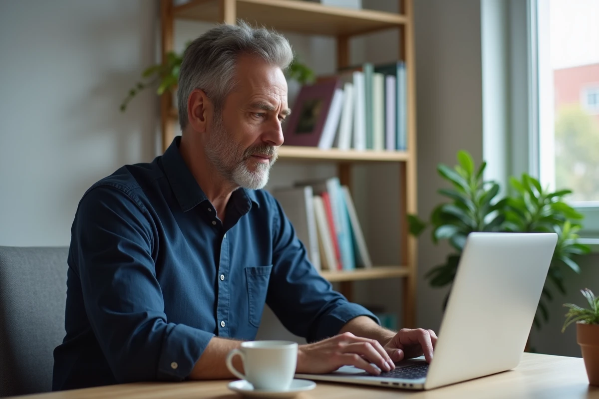 Homme rédigeant un message de départ par email depuis son bureau à domicile