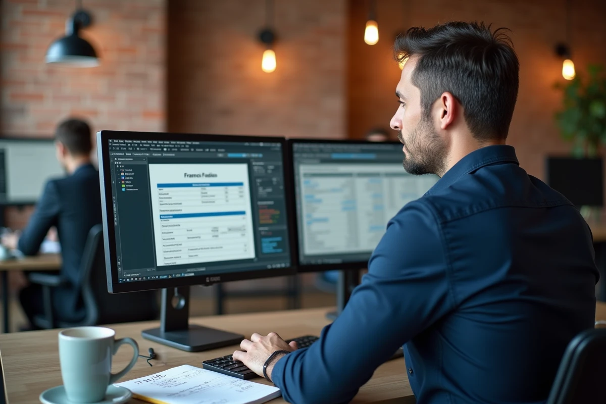Homme en full remote travaillant sur sa d&eacute;claration fiscale fran&ccedil;aise dans un espace de coworking