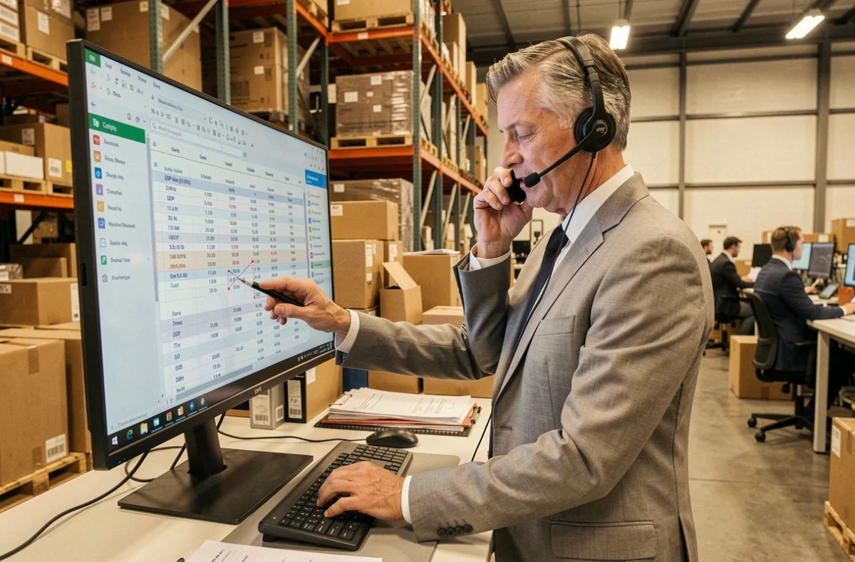Responsable logistique négociant des conditions DDP au téléphone dans un entrepôt professionnel
