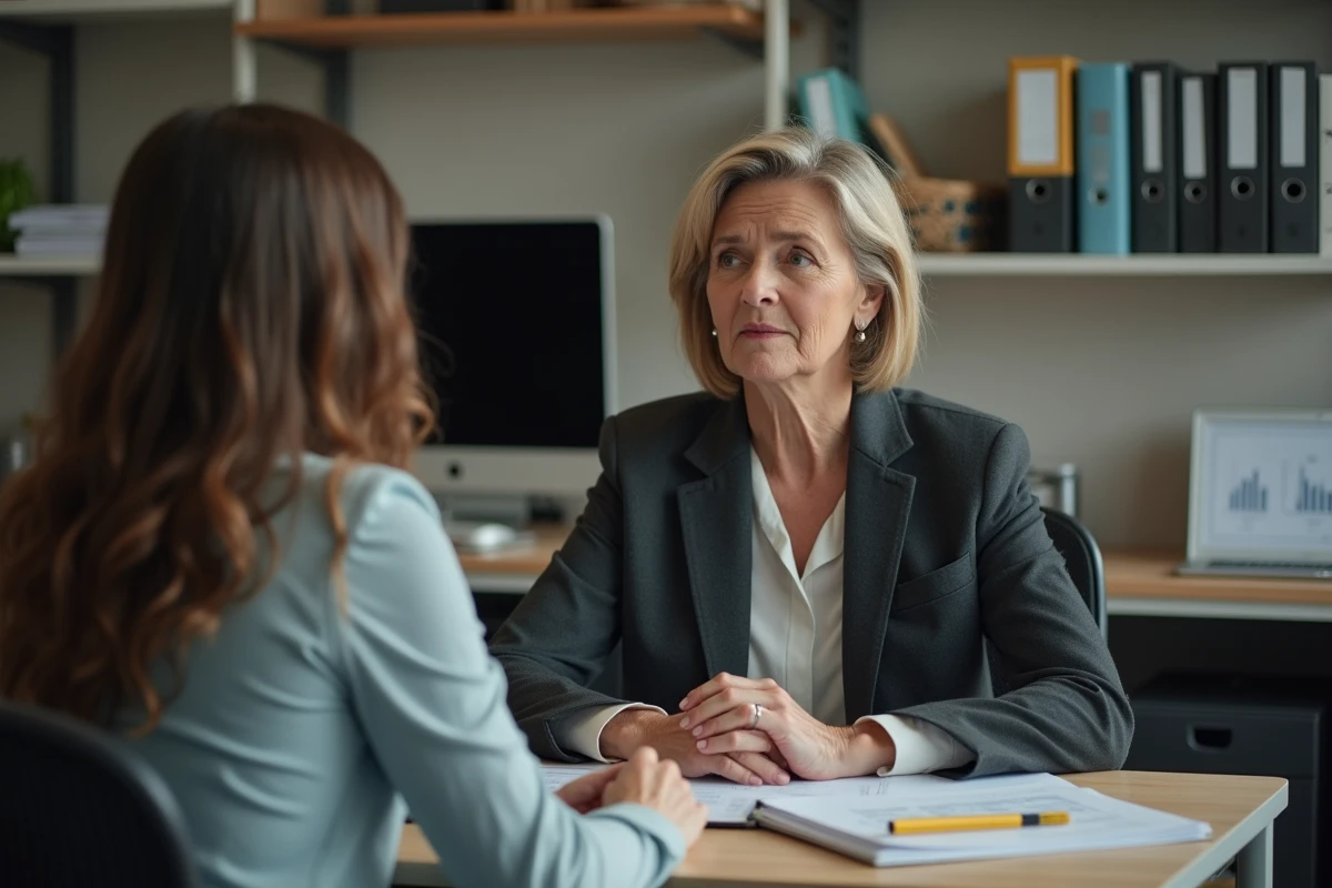 Responsable de magasin en entretien de médiation avec une personne soupçonnée de vol, dans un bureau de commerce discret