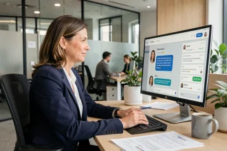 Responsable RH utilisant une interface d'intelligence artificielle Le Chat de Mistral pour analyser des profils de candidats dans un bureau moderne