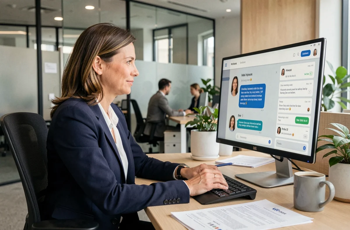 Responsable RH utilisant une interface d'intelligence artificielle Le Chat de Mistral pour analyser des profils de candidats dans un bureau moderne