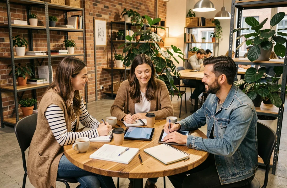 Groupe de professionnels en réunion collaborative dans un espace de coworking à Marcq-en-Baroeul