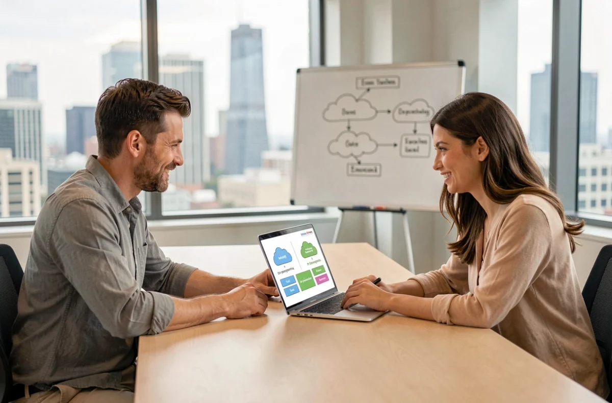 Deux collègues comparant les options de configuration cloud et locale pour un logiciel de sauvegarde en réunion