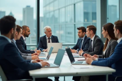 Groupe de collaborateurs en r&eacute;union dans un bureau moderne