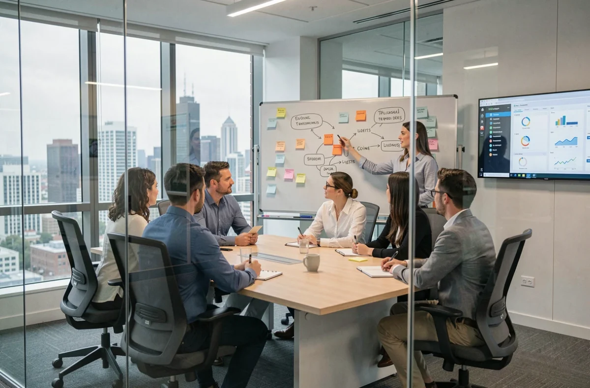 Équipe diversifiée en réunion dans une salle vitrée de coworking d'entreprise avec présentation sur tableau blanc et vue sur la ville