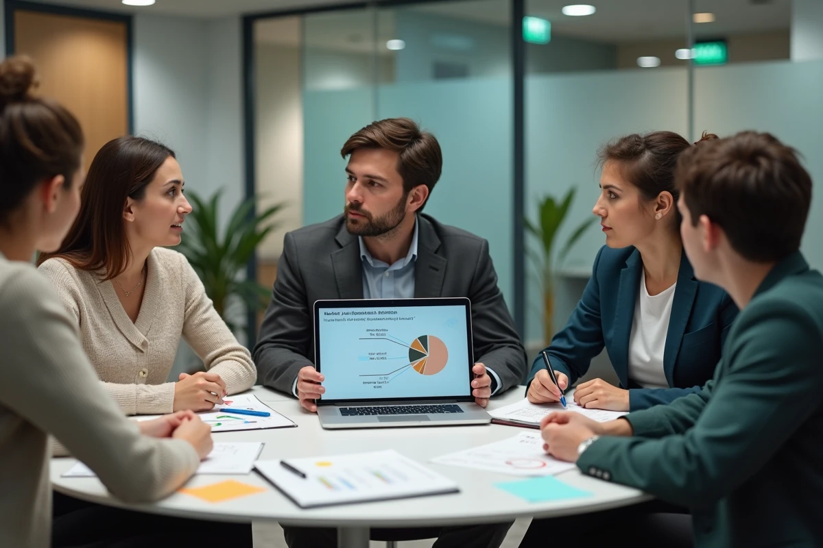 Équipe de professionnels en réunion stratégique discutant des approches de domination par les coûts et de différenciation dans un espace de coworking