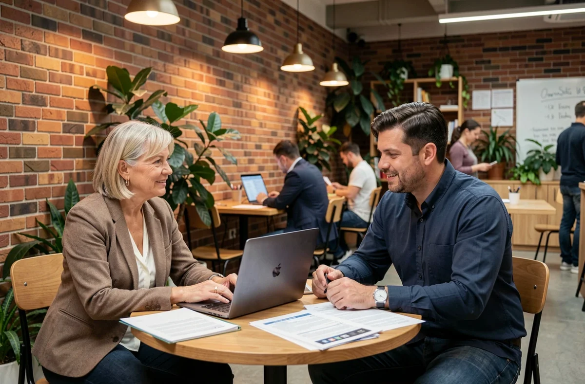 Deux professionnels discutant d'un contrat de portage salarial pour formateurs dans un espace de coworking