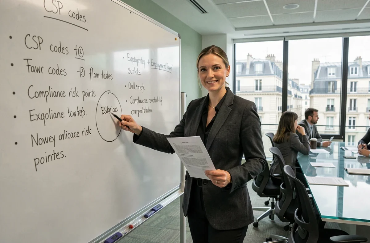 Avocate spécialisée en droit du travail présentant les risques juridiques liés à une erreur de code CSP dans une salle de réunion