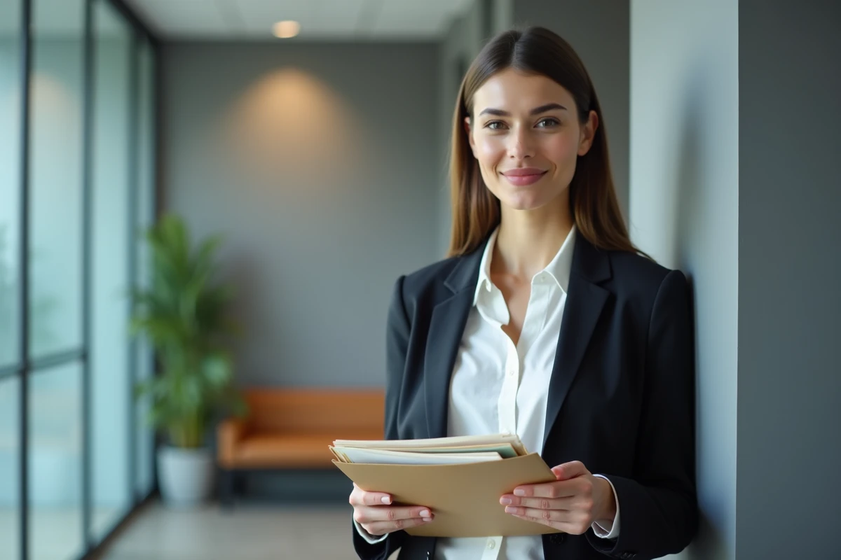 Femme tenant un dossier de rupture de contrat d'apprentissage dans un couloir de bureau professionnel
