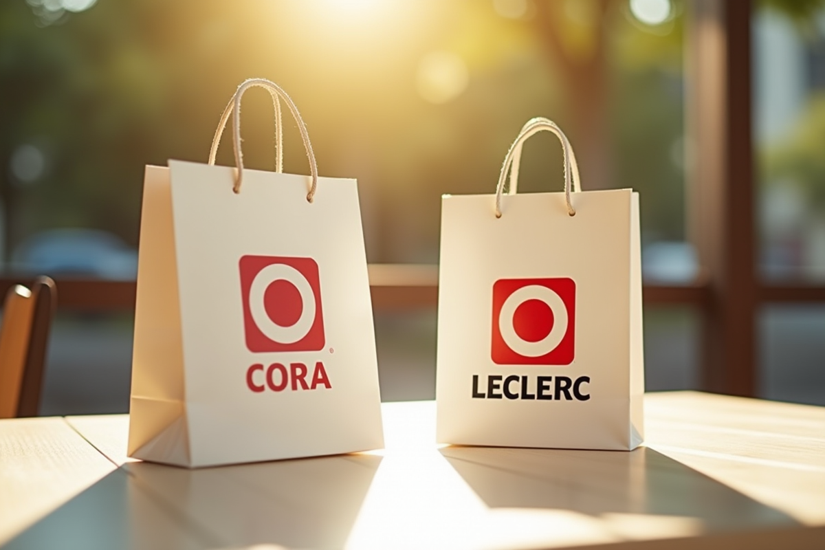 Sacs de courses avec logos Cora et Leclerc sur une table en plein soleil