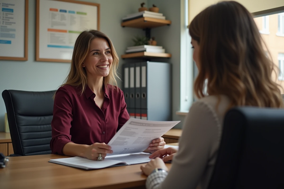 Salariée GMF recevant des informations auprès d'un représentant du comité d'entreprise