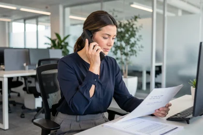 Femme cadre en entreprise passant un appel téléphonique pour signaler une absence au travail
