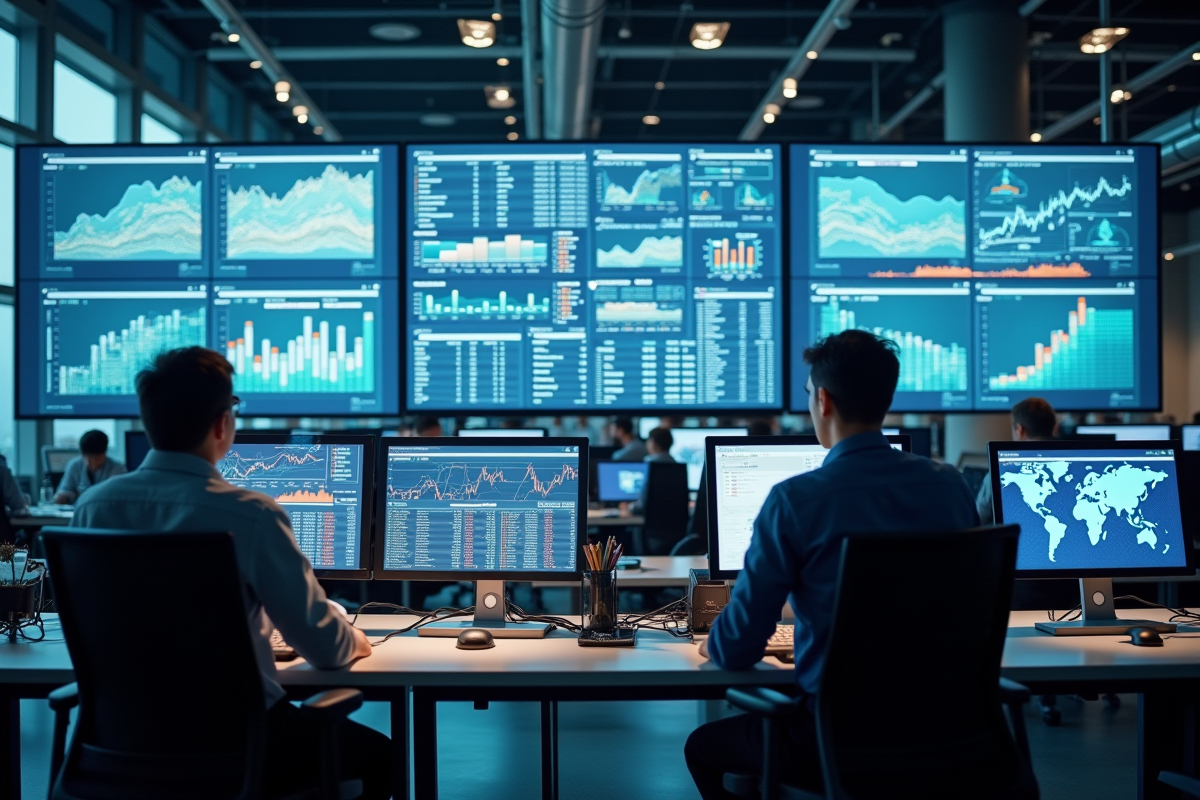Salle de contrôle logistique avec écrans et analyse de données