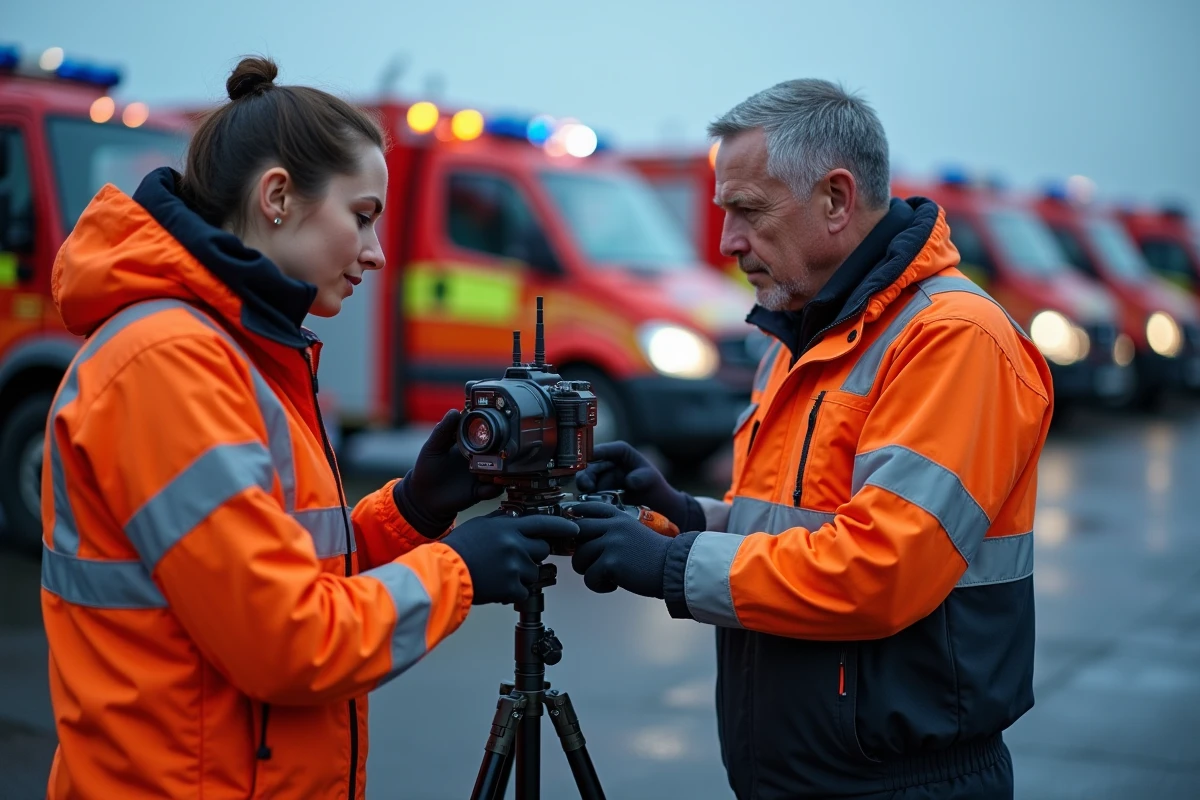 Deux secouristes interop&eacute;rant des &eacute;quipements radio multi-bandes lors d'un exercice d'urgence interservices en ext&eacute;rieur