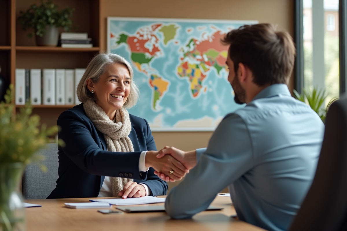 Femme et homme se serrant la main dans un espace de coworking