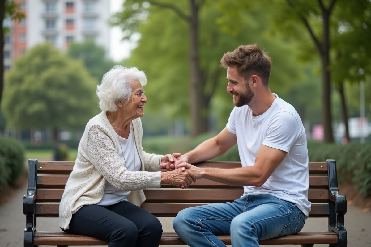 Jeune homme et femme se serrant la main dans un parc urbain