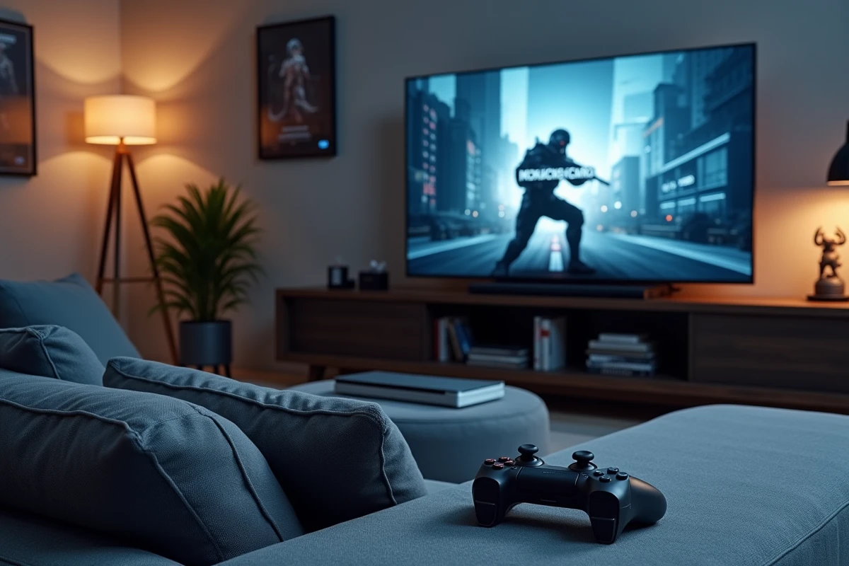 Configuration gaming avec console et écran affichant un jeu de tir sci-fi en pause, dans un salon moderne aux murs en béton avec collection de jeux
