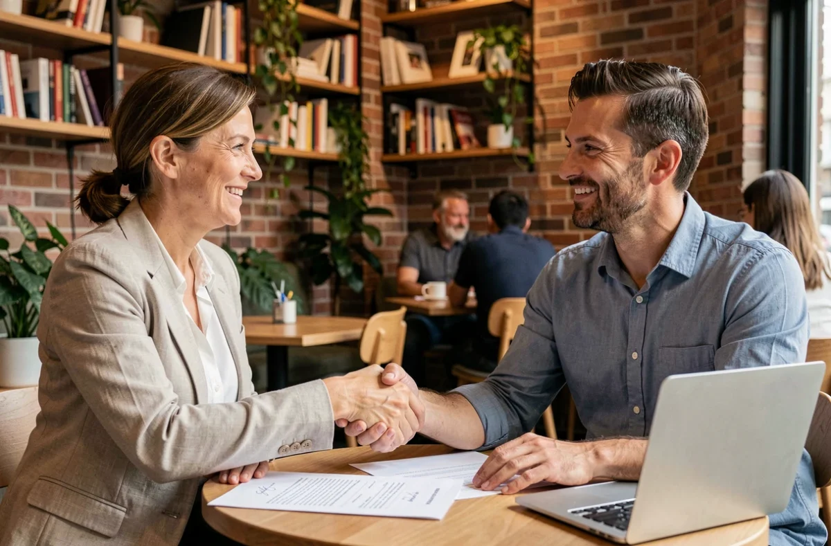 Professionnel en portage salarial signant un contrat avec un client dans un café urbain moderne