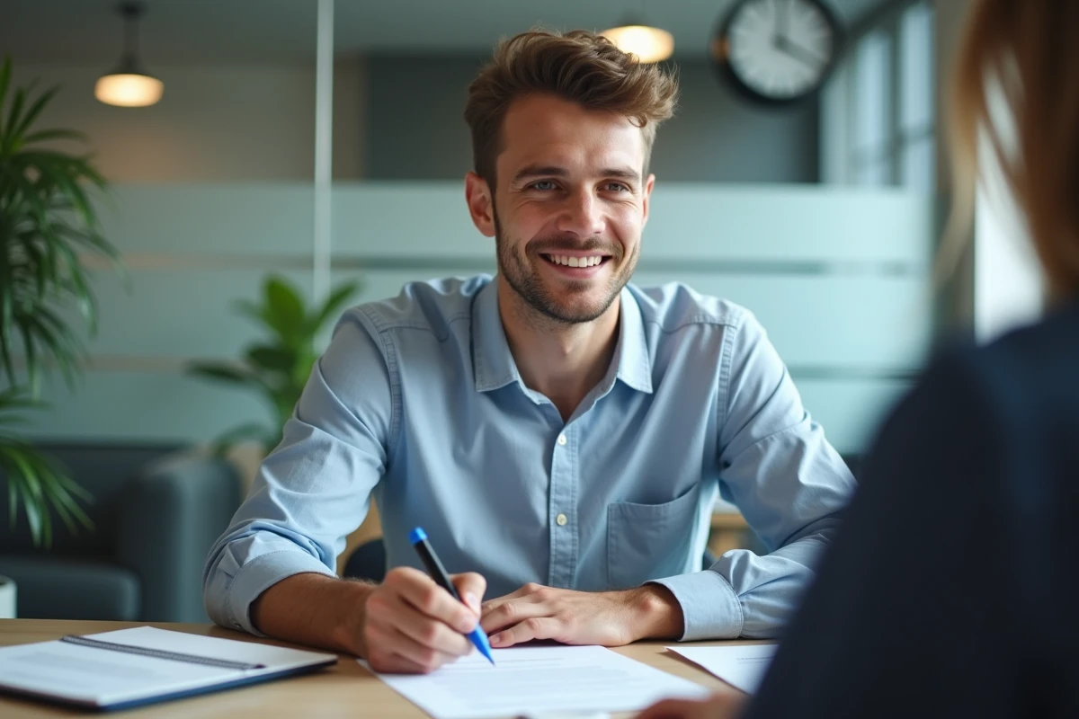 Salarié signant son contrat de travail lors d'un entretien administratif avec le service des ressources humaines