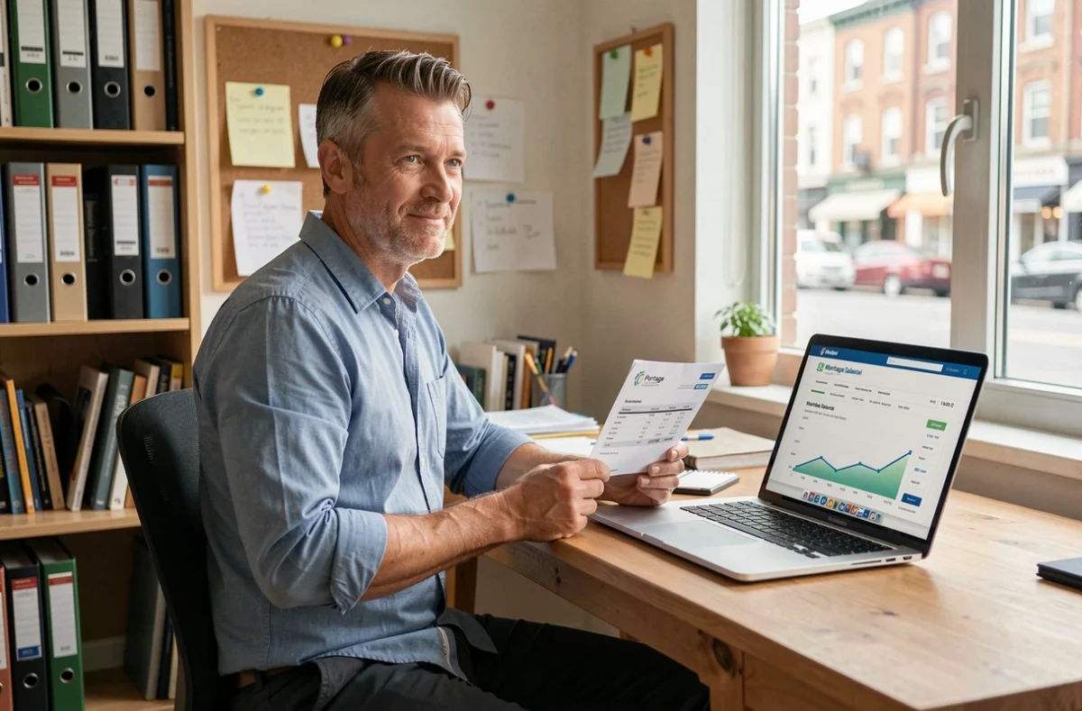 Freelance en portage salarial simulant un prêt immobilier depuis son bureau à domicile